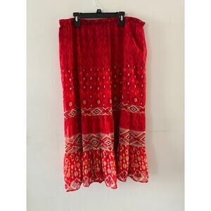 JM Collection Womens Tiered Maxi Skirt Size 12 Red Aztec Boho Southwestern